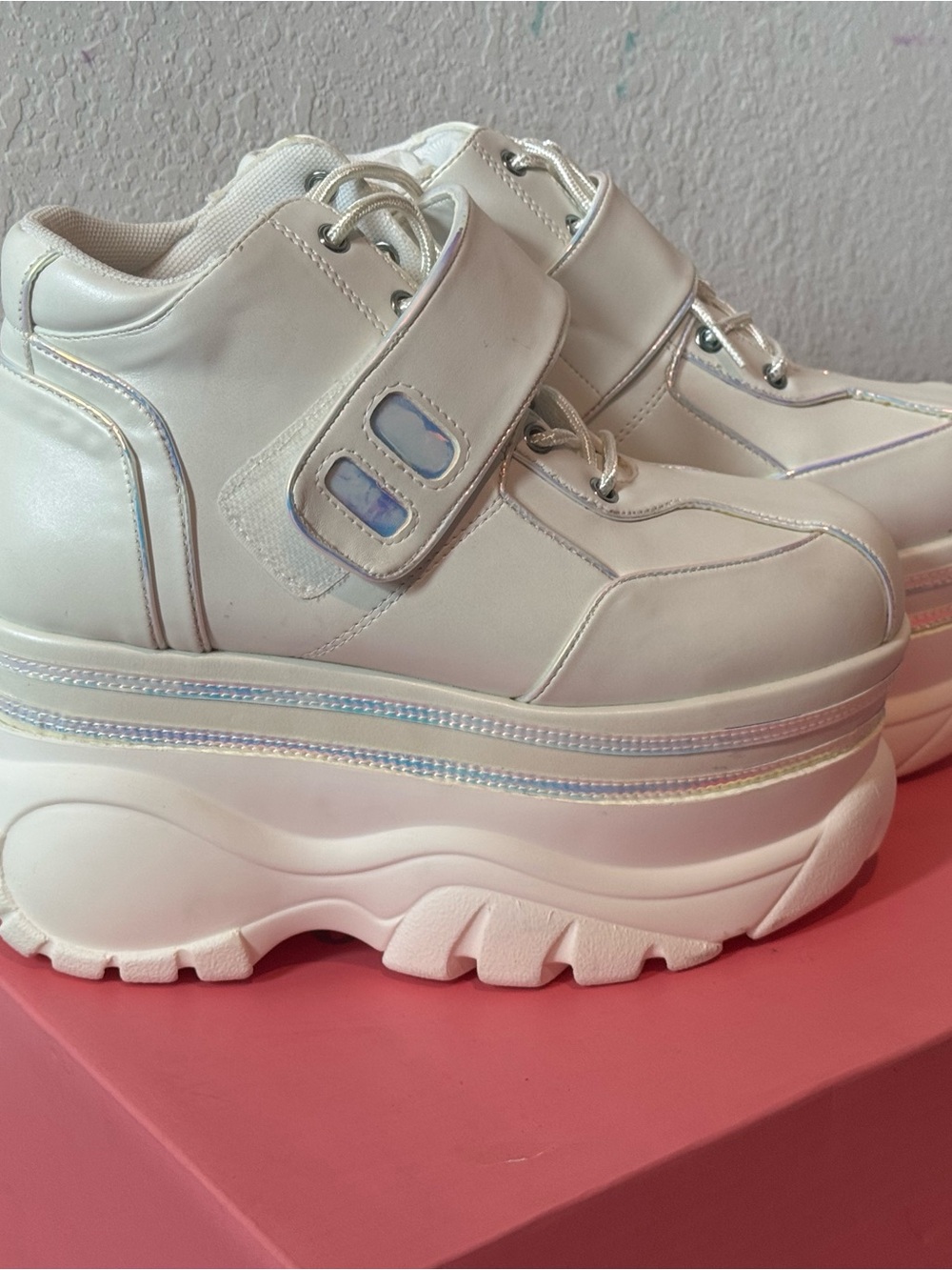 Dolls Kill White Platform Sneakers with Iridescent Trim